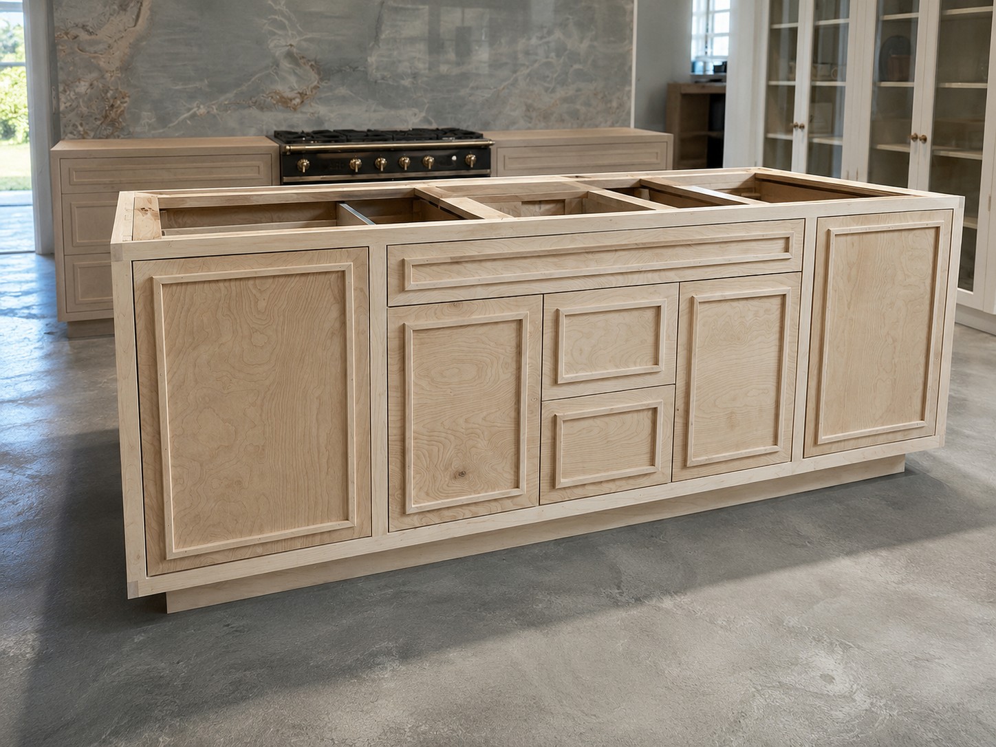 Bare maple cabinet boxes as found before any prep work or finish