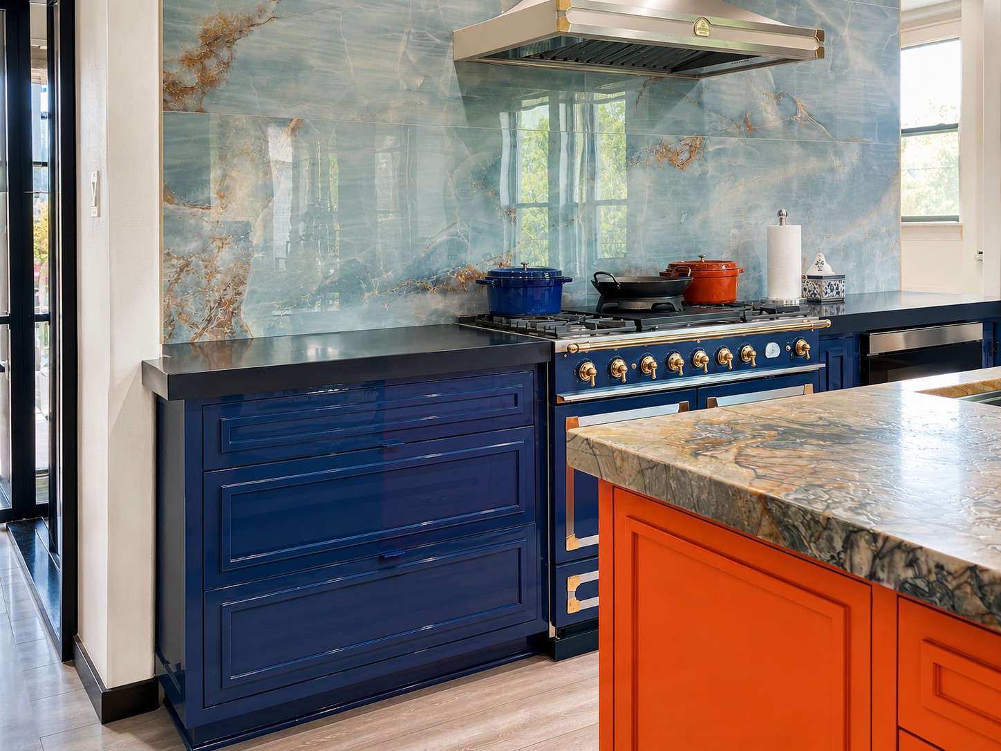 Full-elevation view of the refinished kitchen with navy gloss cabinets and stone backsplash