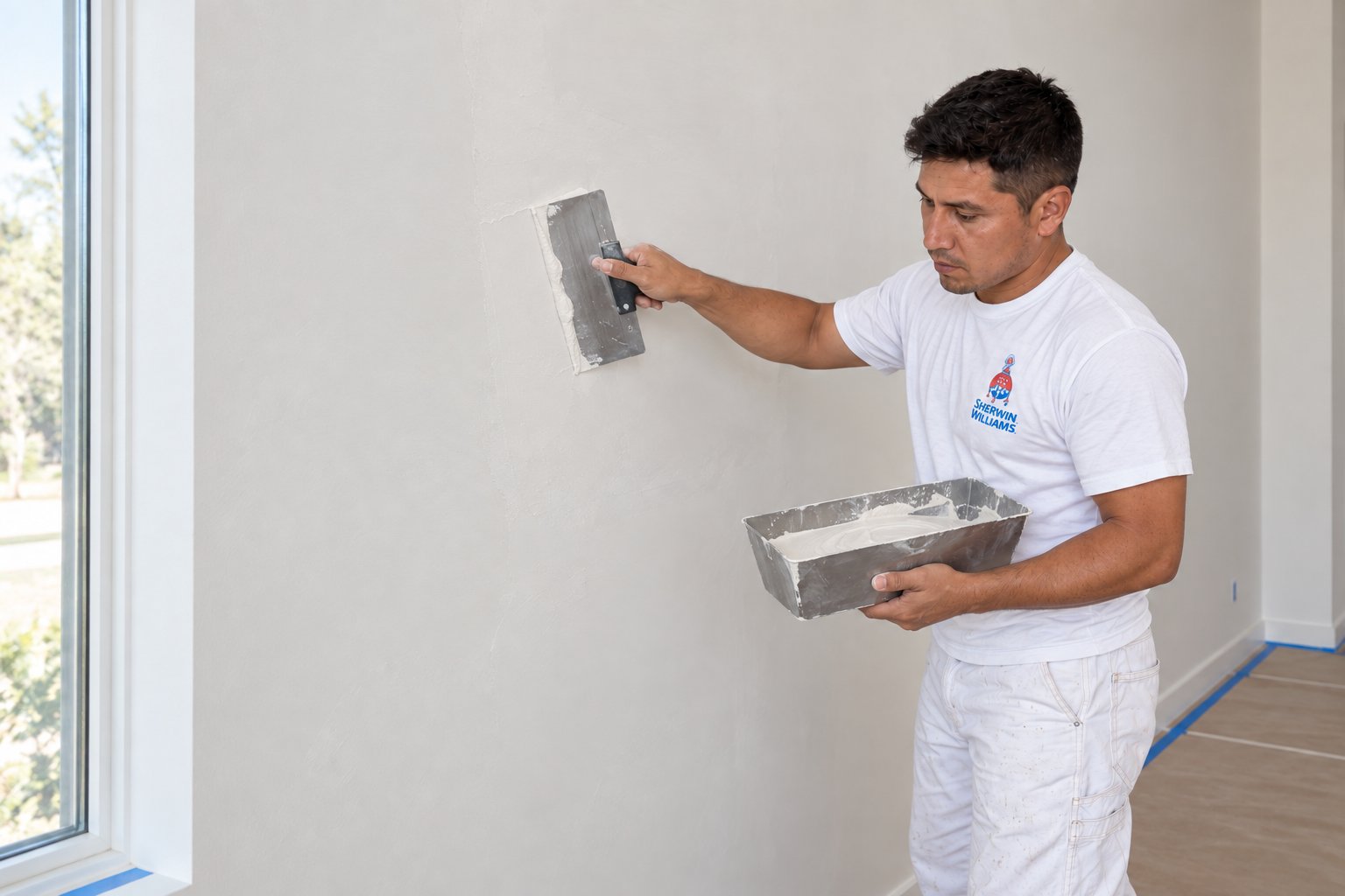 Worker in white painter’s clothes smoothing a thin skim coat with a broad blade while holding a mud pan beside a window.