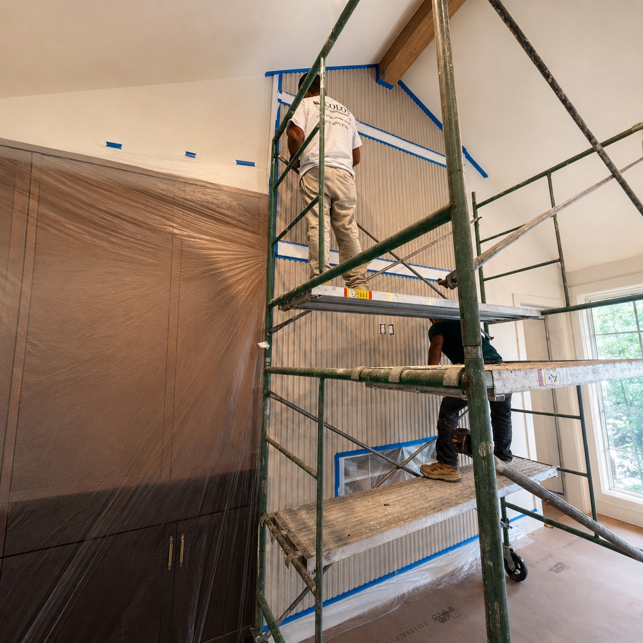 Crew member on scaffolding troweling the fluted decorative plaster chimney mid-install, blue masking tape visible, drop cloths on built-ins