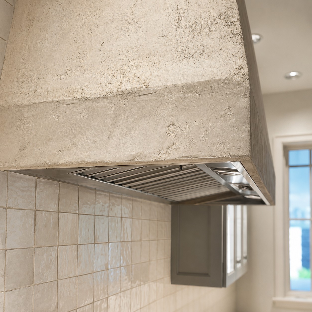 Hand-troweled decorative plaster close-up showing the trowel-pass texture, kitchen range hood detail