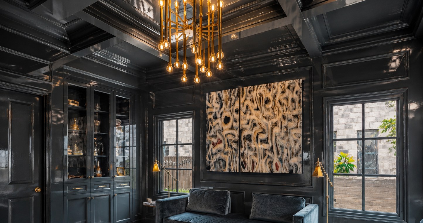 Dark glossy wall panels and a coffered ceiling in a furnished room with a hanging light.