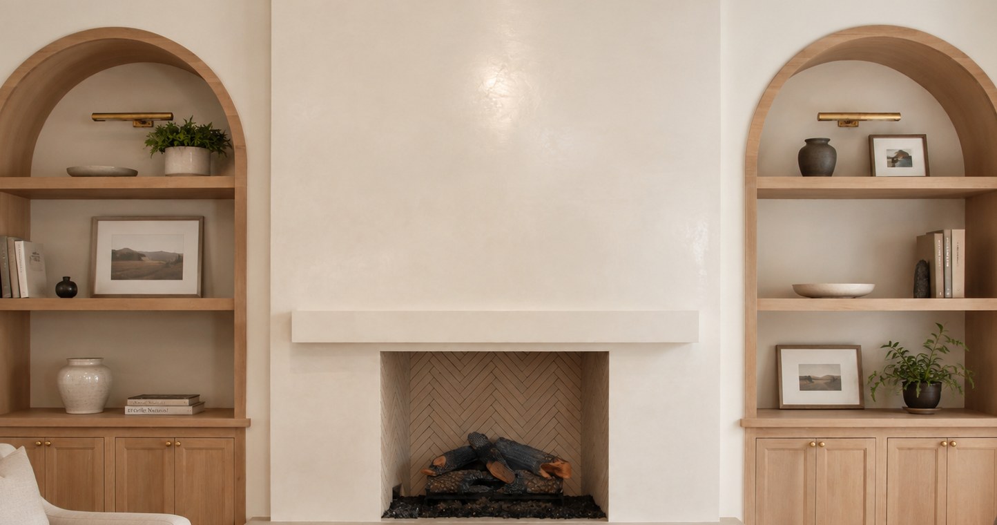 Cream fireplace wall with arched wood shelving.