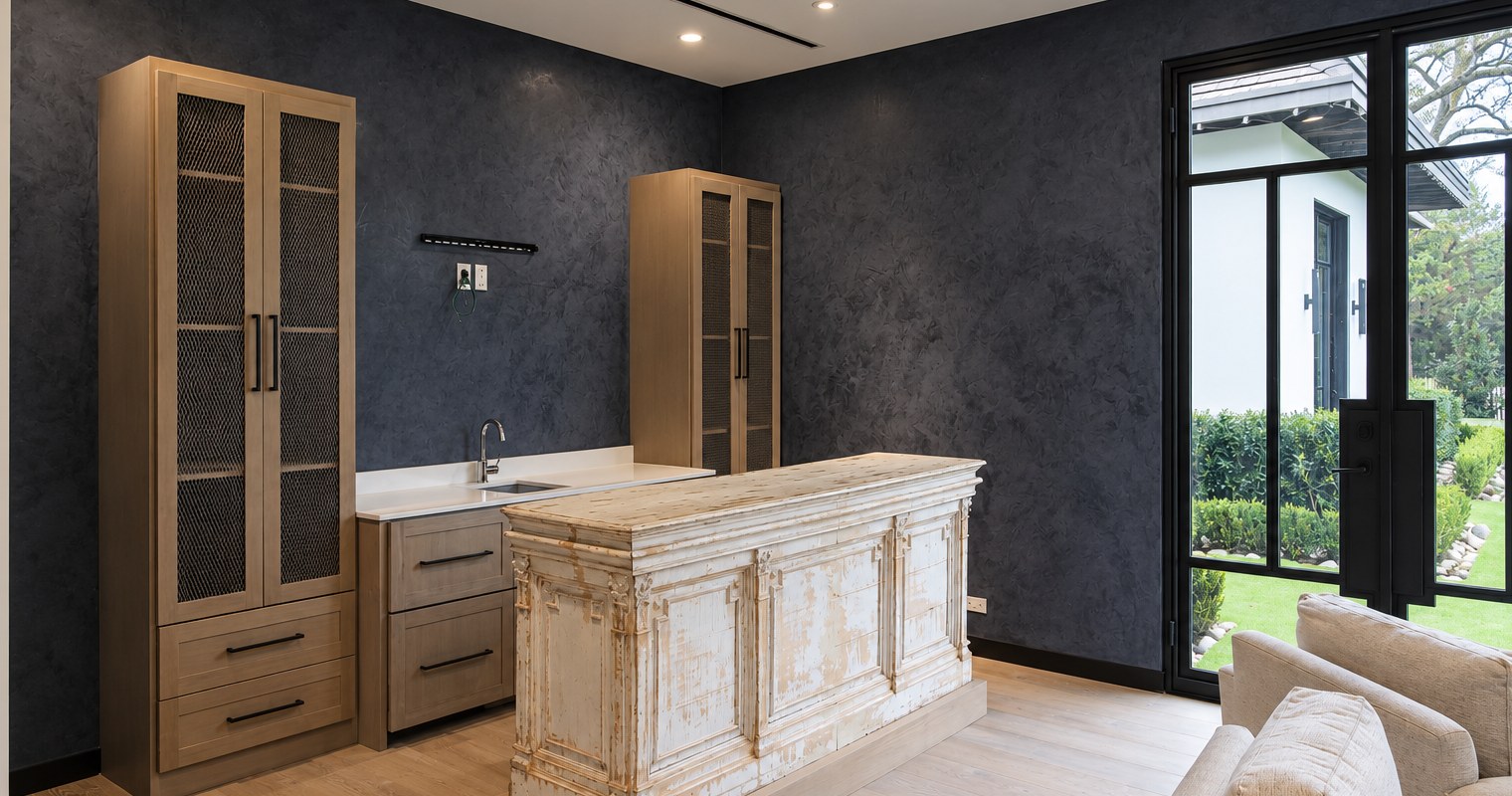 Dark wet bar with timber cabinetry and a distressed antique bar front.