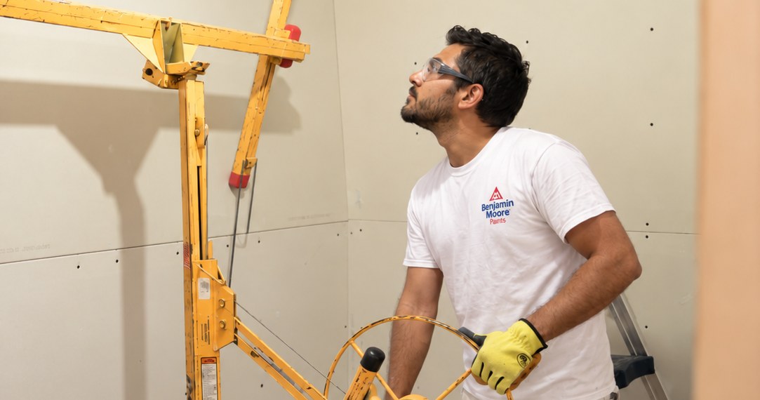Worker operating a drywall lift in an unfinished room.