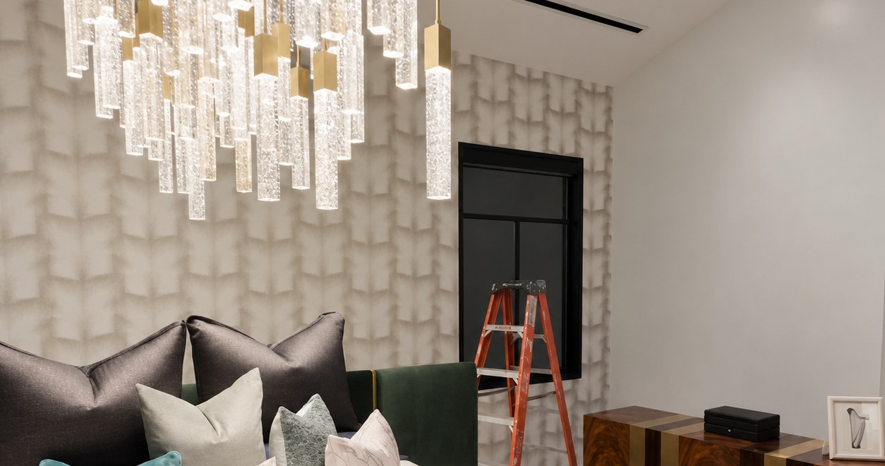 Bedroom with pale geometric wallpaper, a green headboard and a glass chandelier.