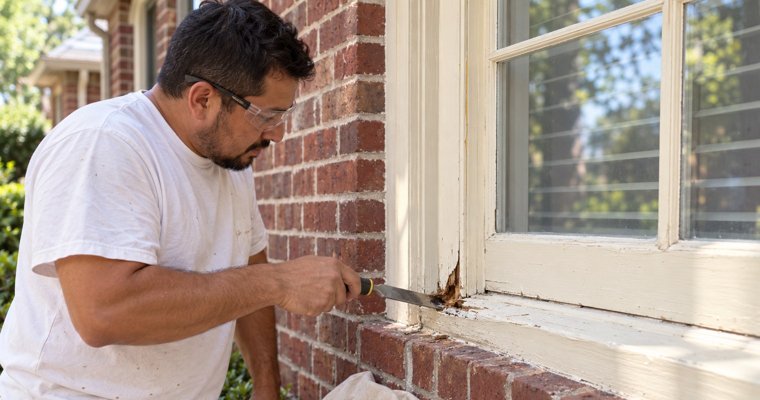 Worker removing deteriorated wood at the lower corner of an exterior window.