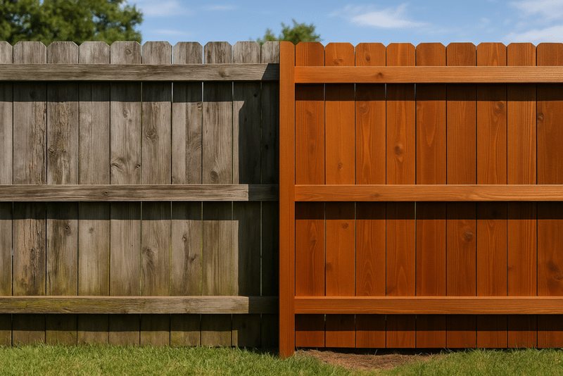 Weathered gray fence boards beside coated wood