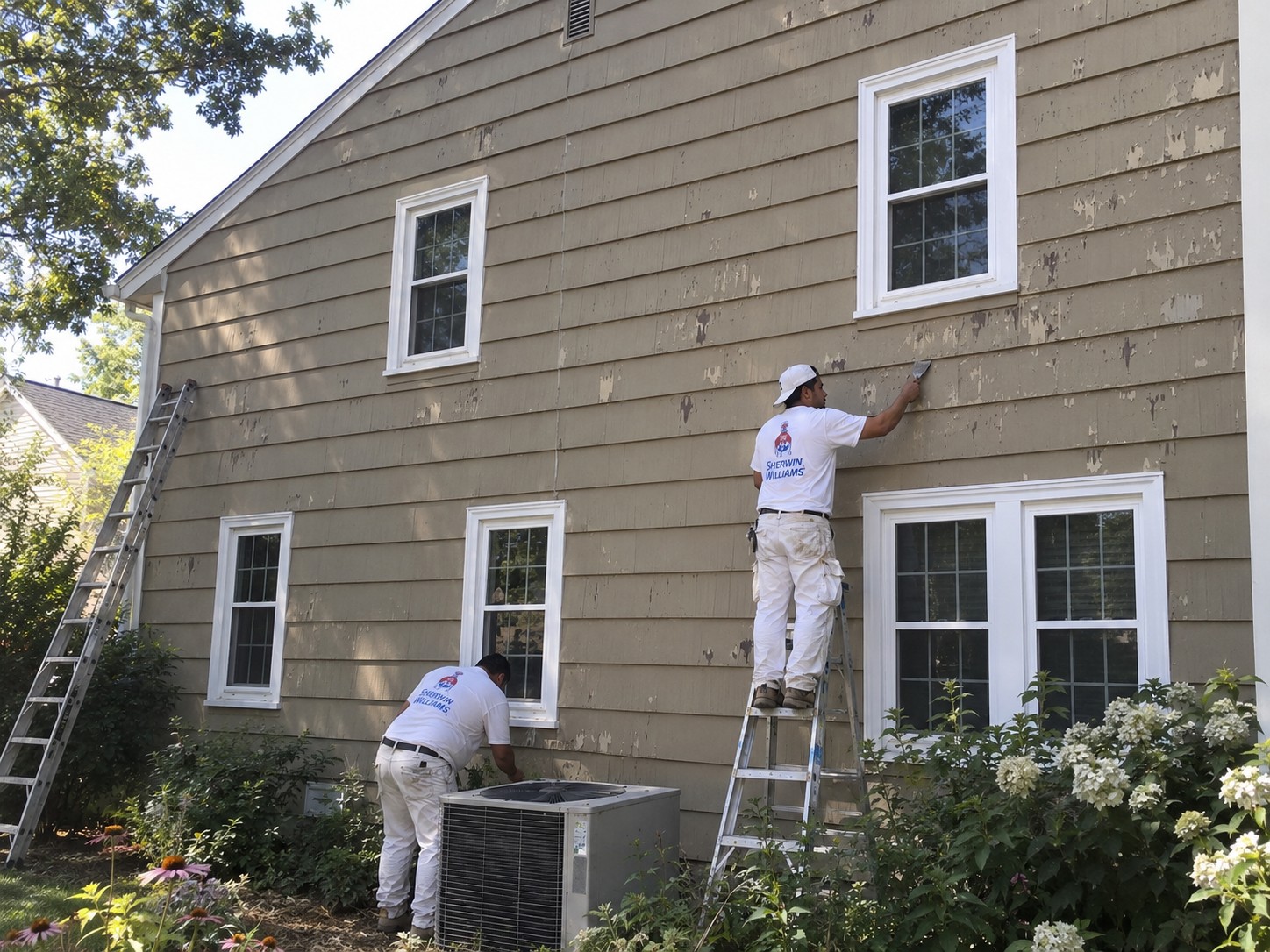 Two painters scraping peeling paint from exterior siding before repainting.