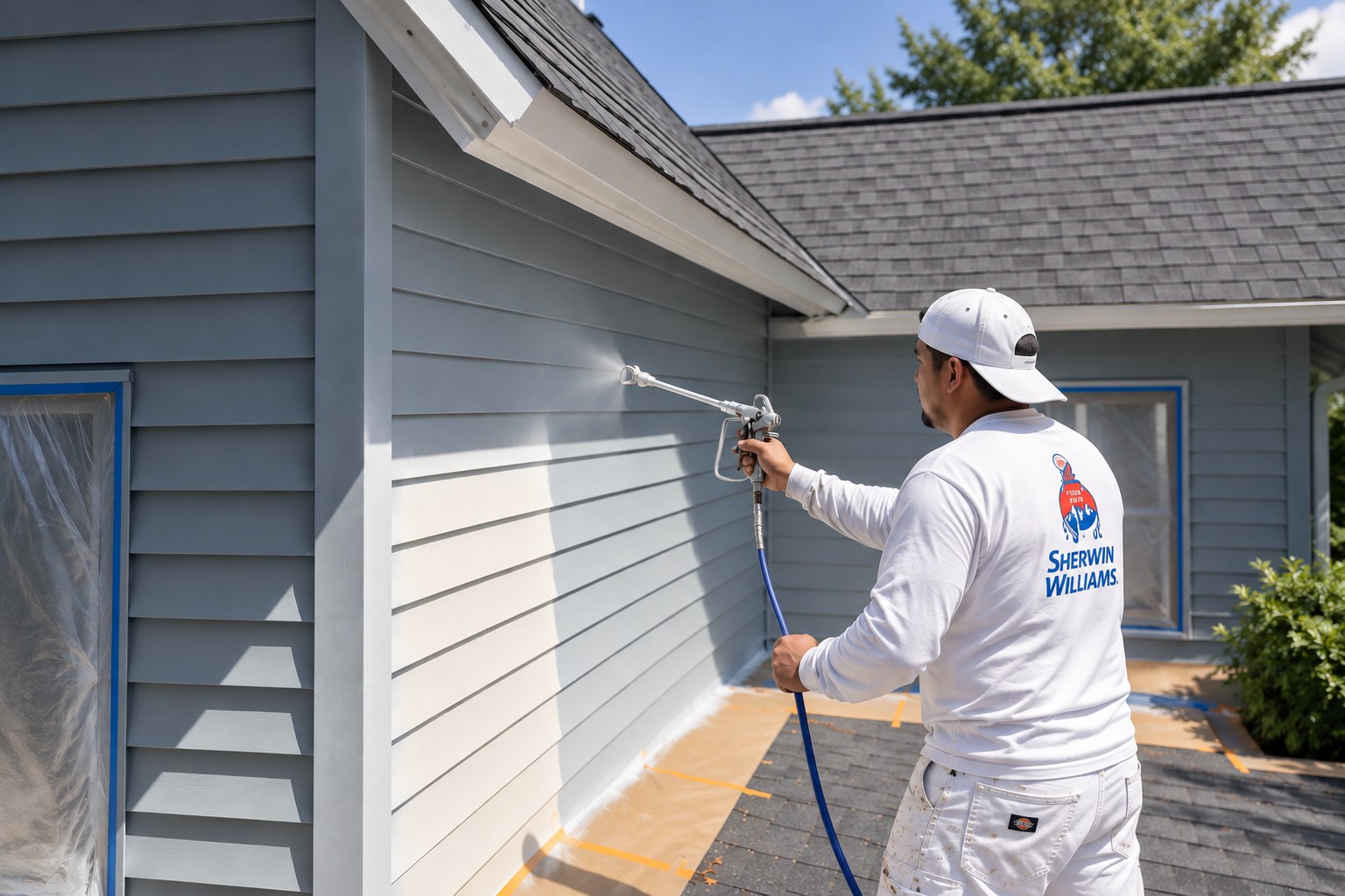 Painter using an airless sprayer on gray exterior siding beside masked windows.