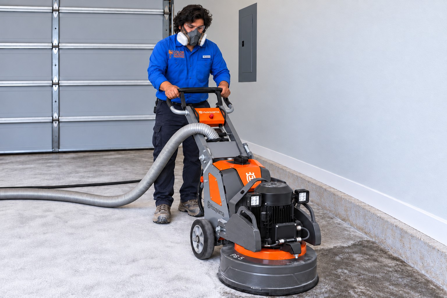 Worker using a floor grinder with a dust-extraction hose to prepare garage concrete.