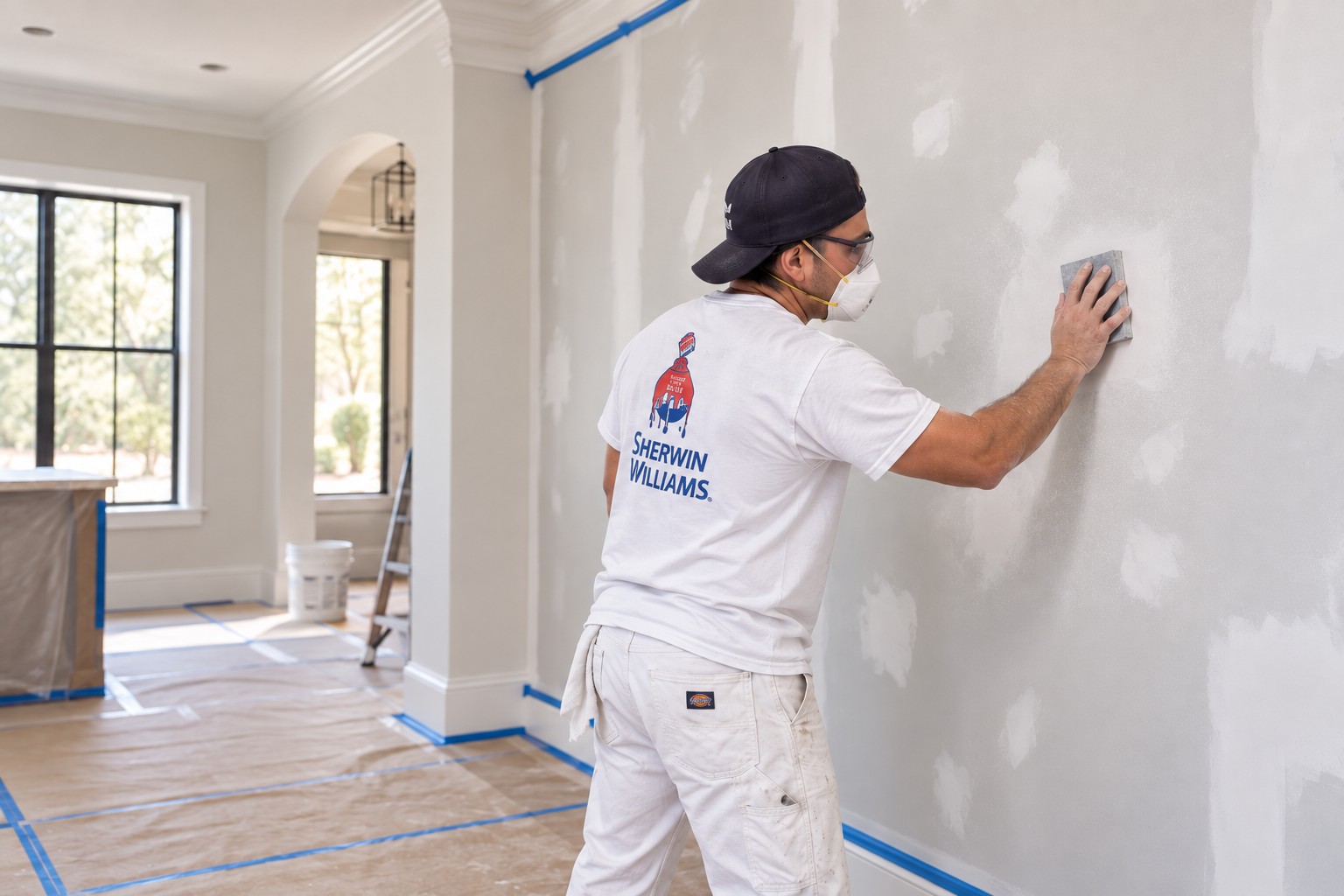 Painter sanding wall patches before painting in a protected interior.