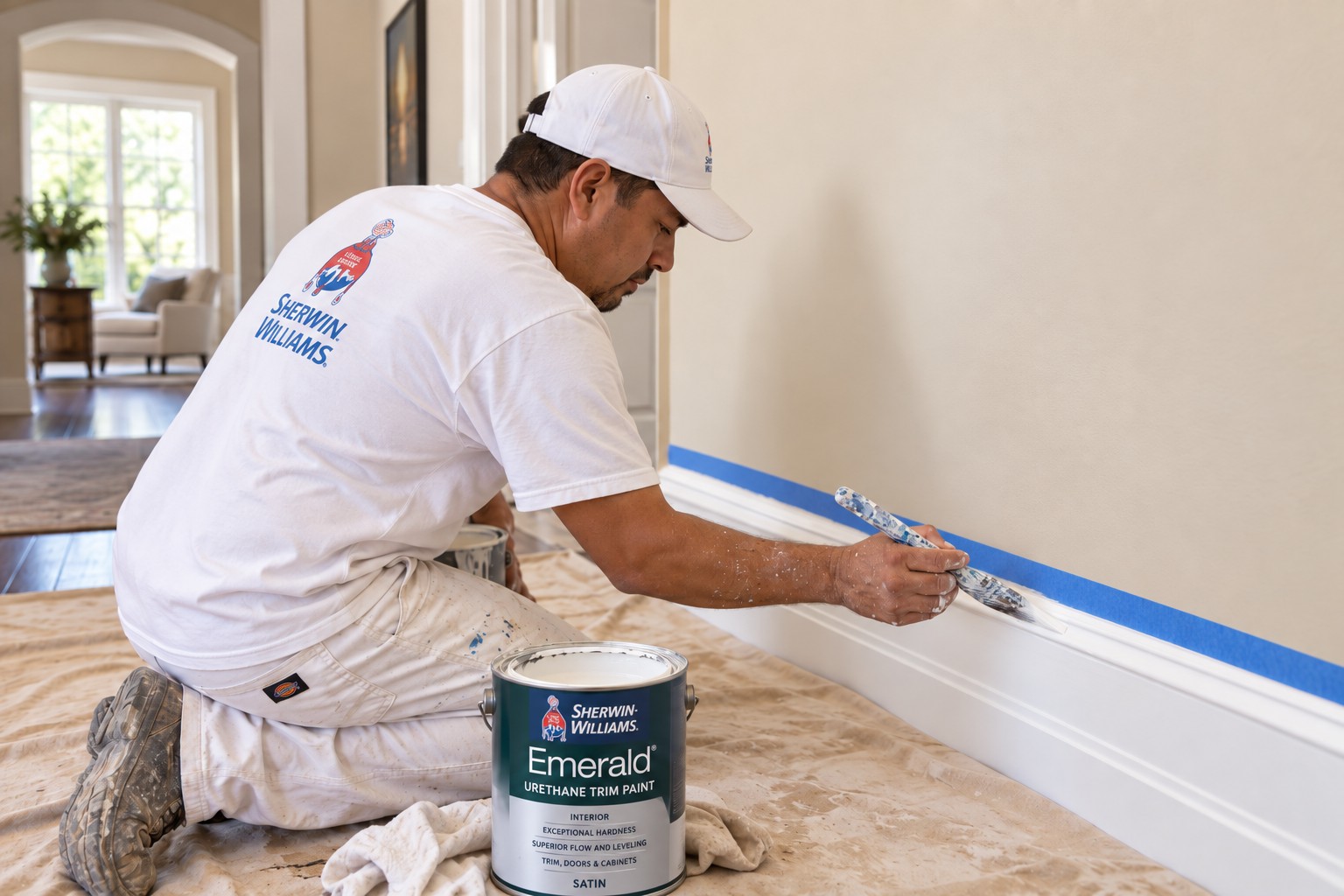 Painter applying a white finish to interior baseboard trim.