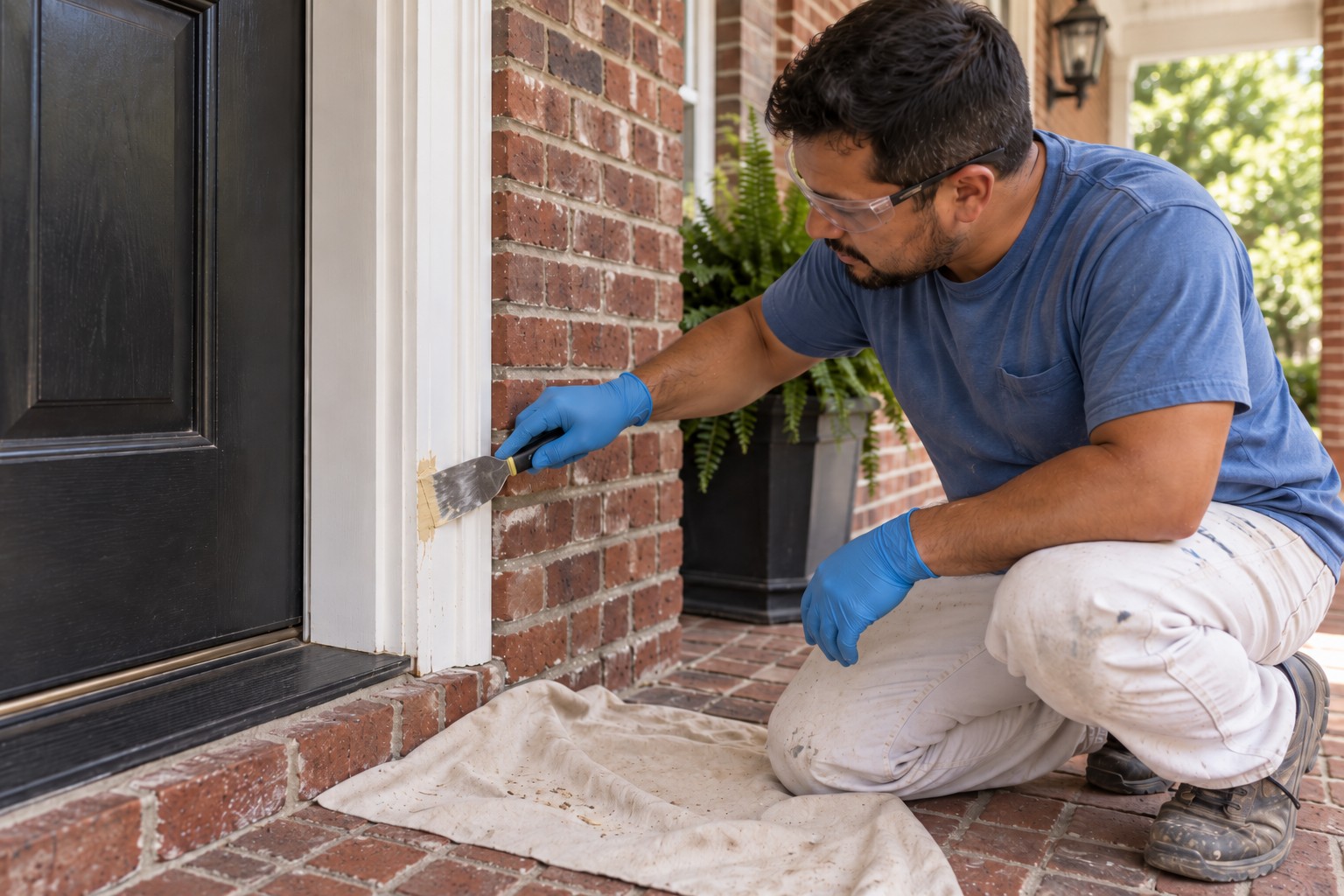 Worker smoothing a small wood repair on exterior door casing beside a red-brick entry.