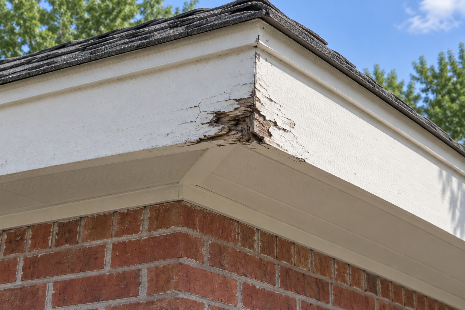 Peeling paint and exposed decayed wood at a fascia corner above a red-brick wall.