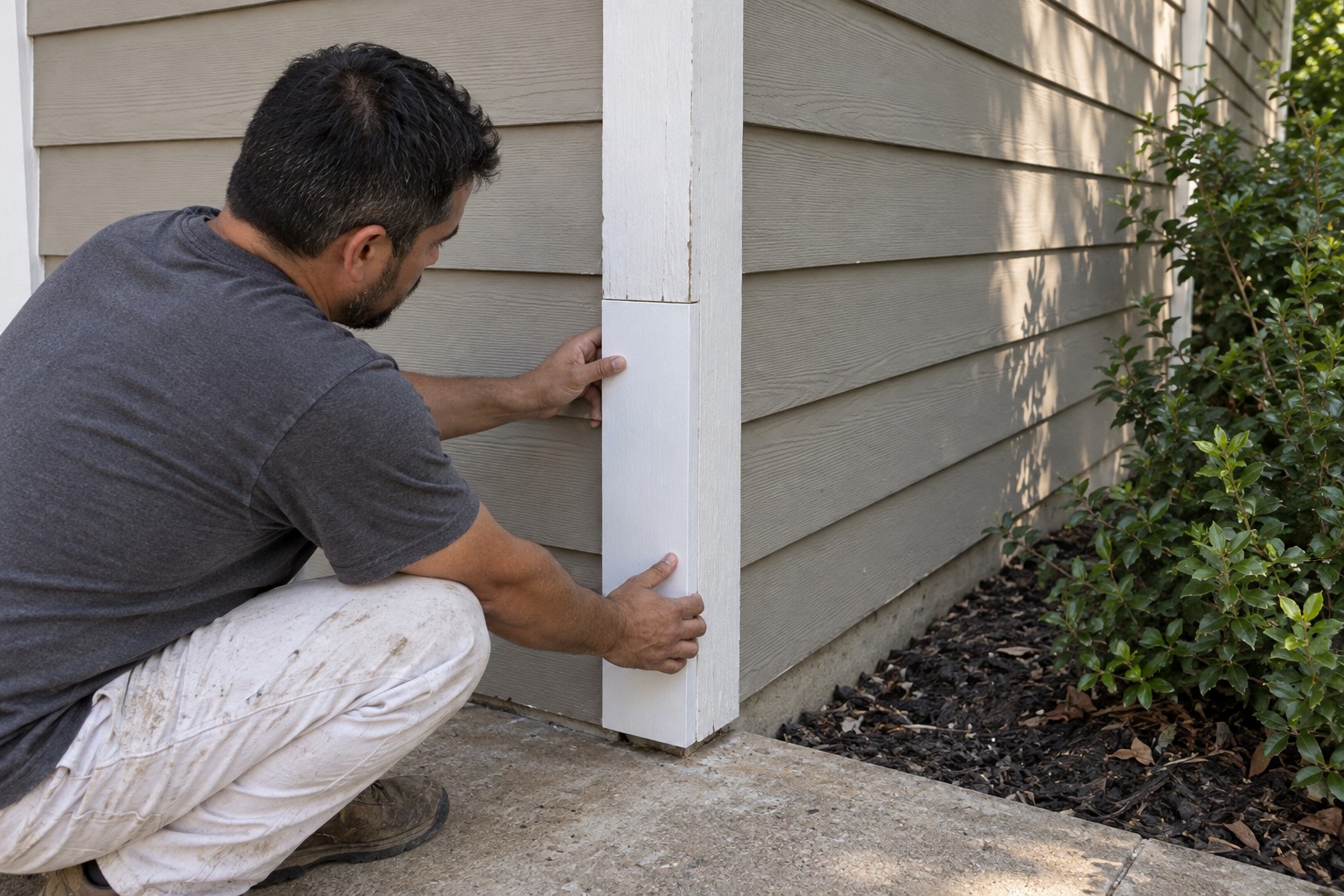 Worker fitting a primed replacement section into exterior corner trim beside lap siding.