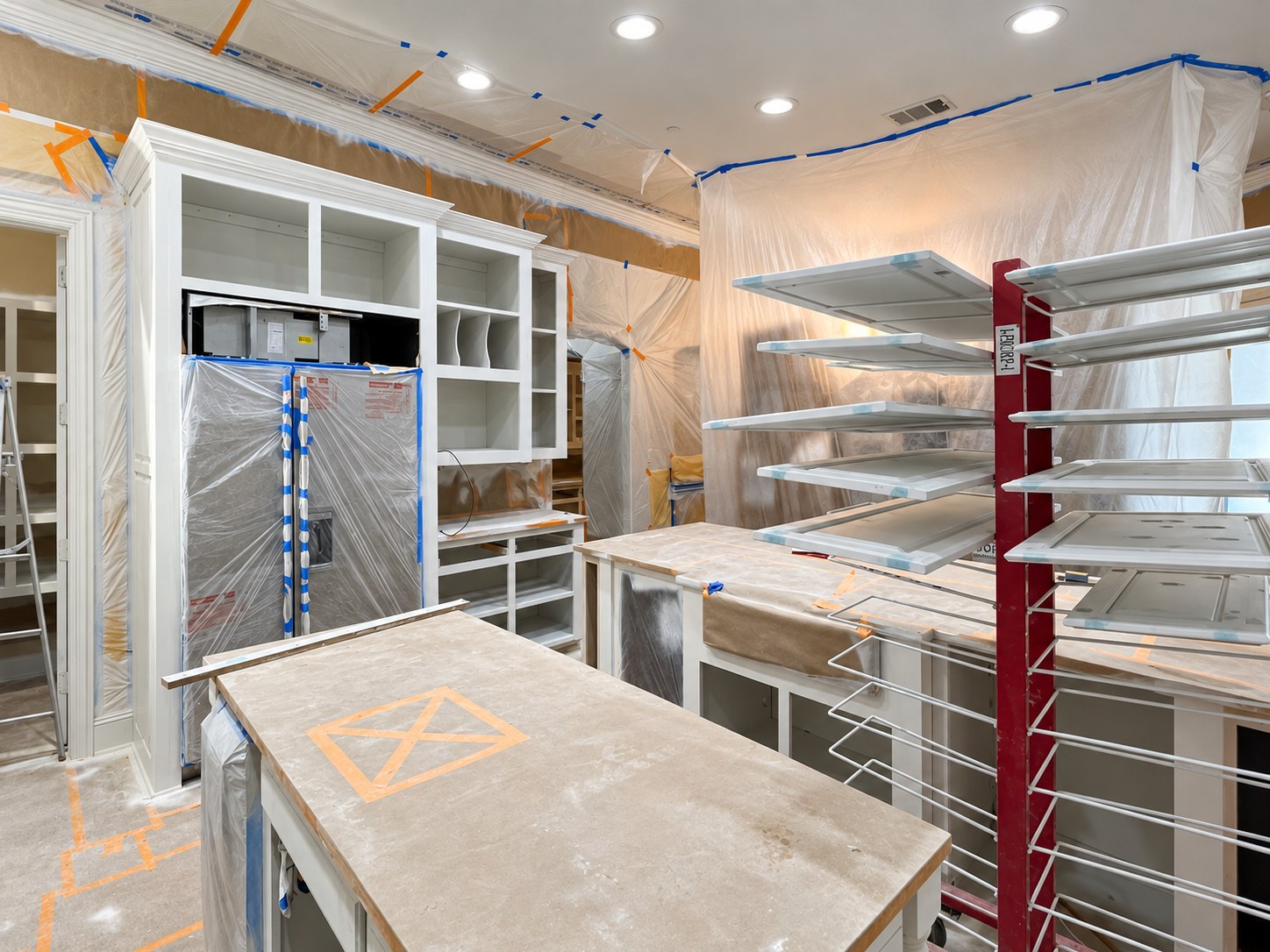 Protected cabinet work area with doors on drying racks.