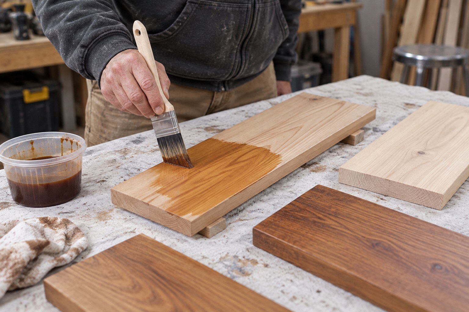 Hand brushing translucent stain onto a supported wood sample beside bare and colored sample boards.