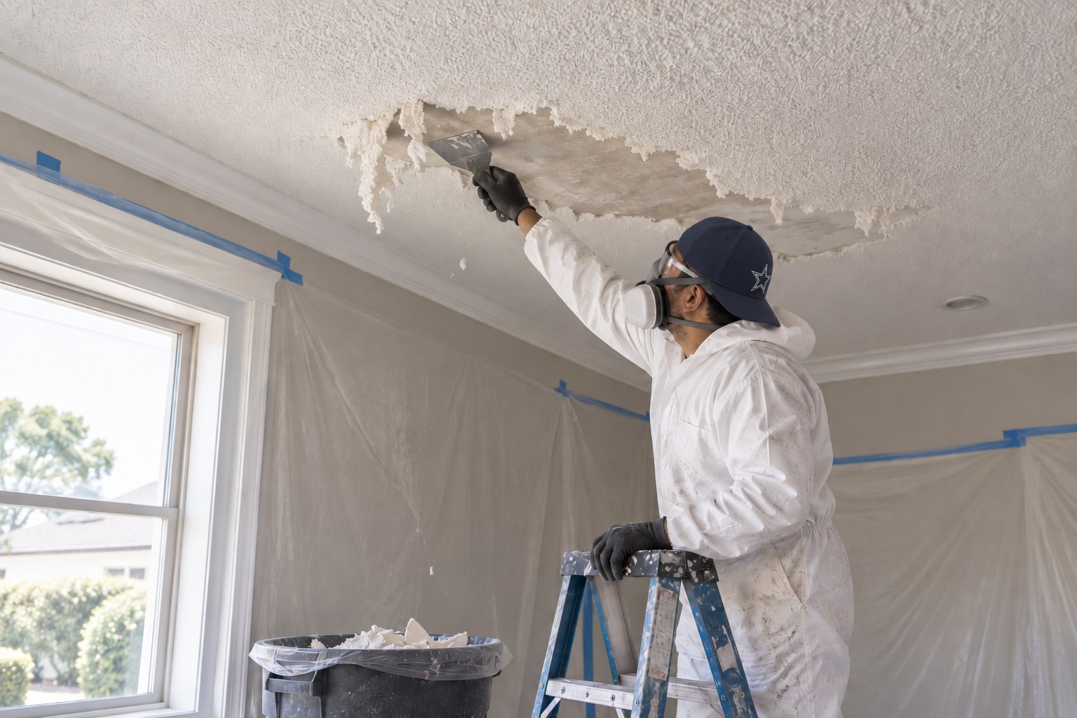 Controlled removal of ceiling texture.
