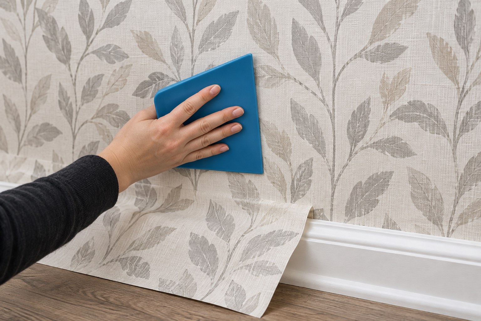 Hand pressing a blue smoother against botanical wallpaper, with loose paper draped over the baseboard.