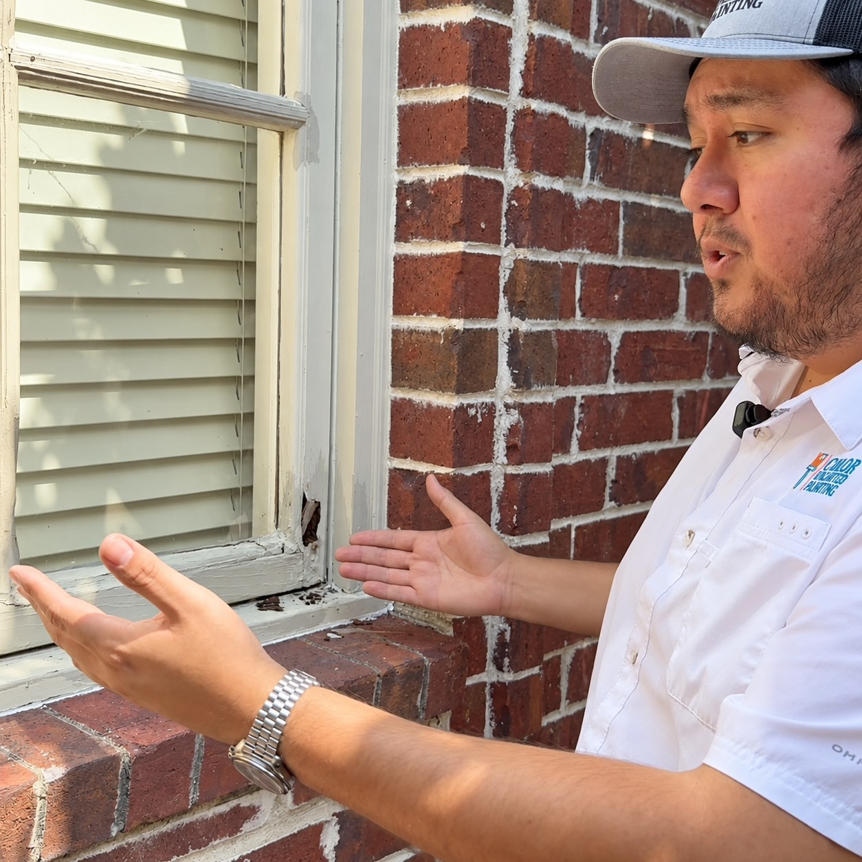 Assessing deteriorated wood around a window before repair.