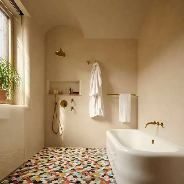 Meoded example of a bathroom finished with Concretta plaster.